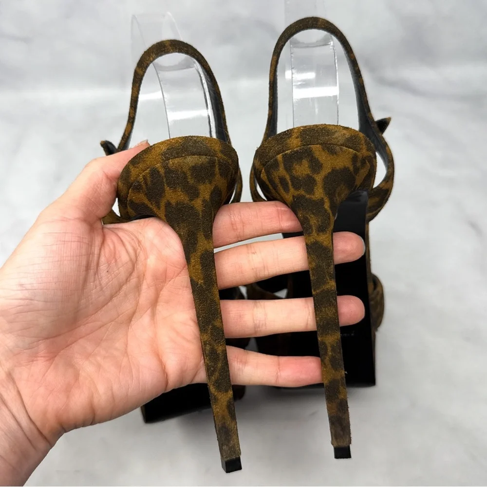 Saint Laurent Bianca Bow 105 Leopard Suede Platform Stiletto Sandal Heels Brown - Picture 7 of 16
